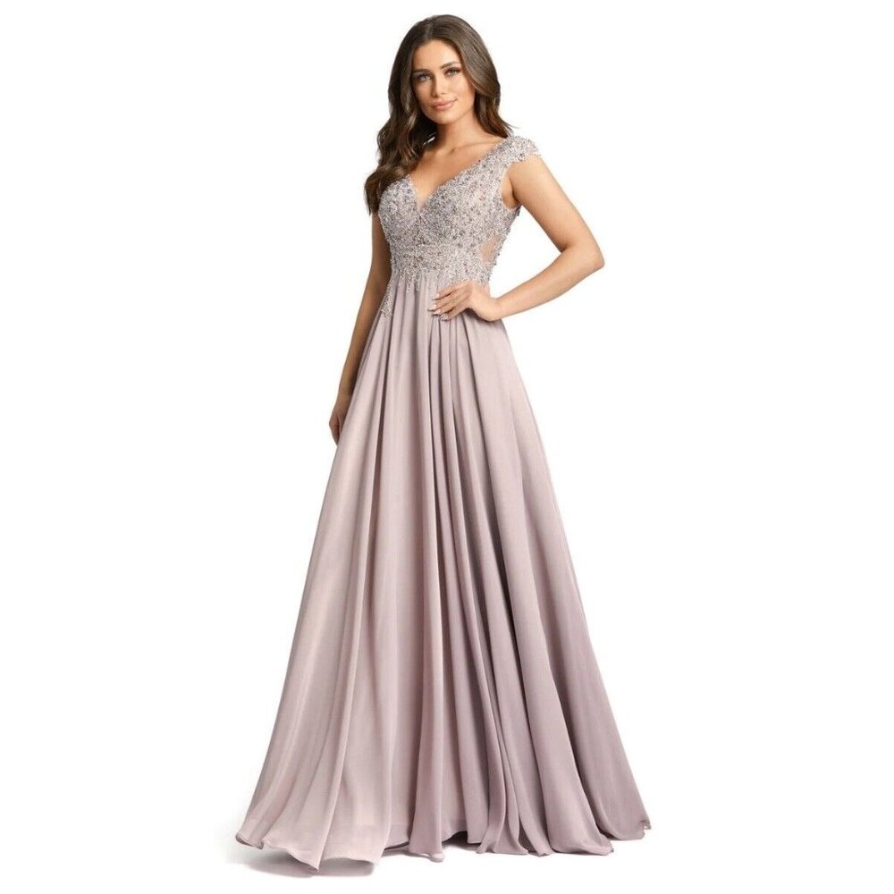 Mac Duggal Gown Dress Size 18 Appliquéd Cap Sleeve Bodice Flowy Lilac 20264 $598